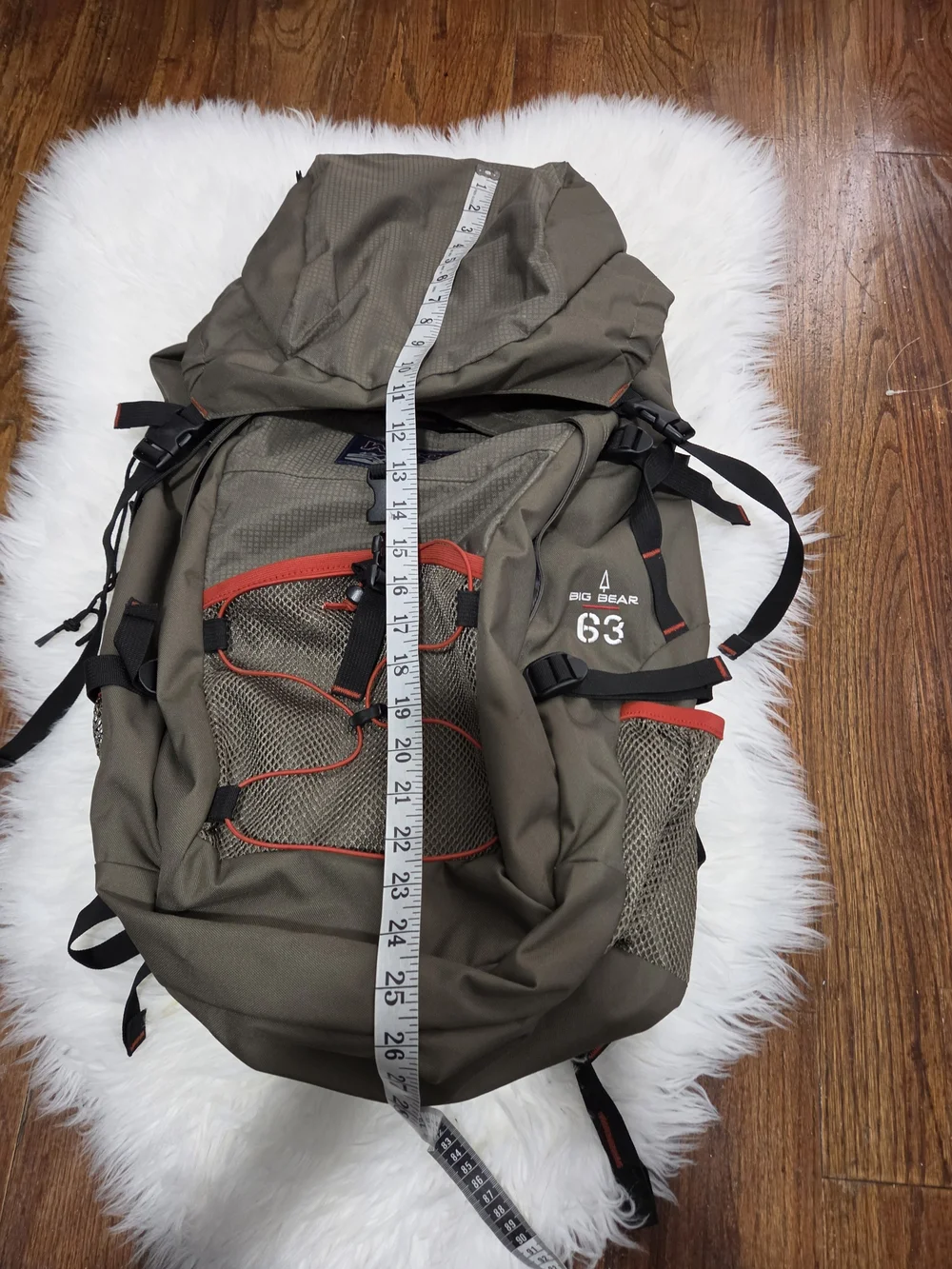 JanSport Khaki Roll-Top Hiking Backpack Camping with Orange Accents